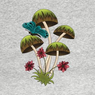 Forest Mushrooms With Butterfly and Flowers T-Shirt